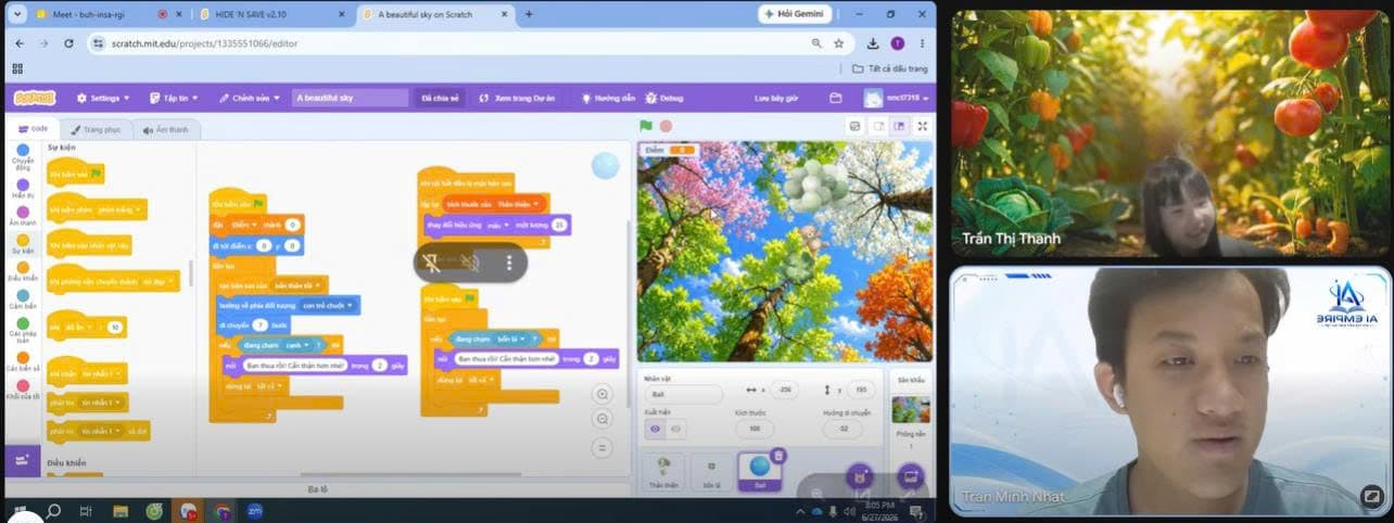 Học viên trình bày dự án Scratch trước thầy Nhật