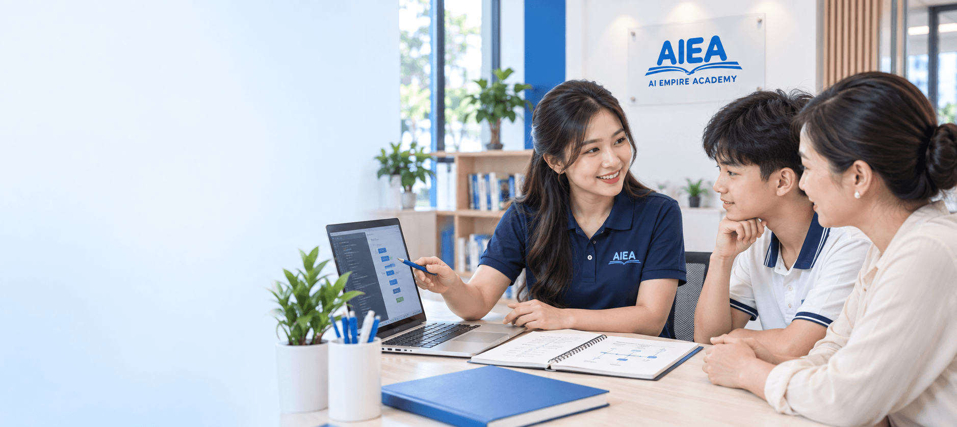 Minh họa đội ngũ AI Empire Academy tư vấn lộ trình cùng học viên và phụ huynh