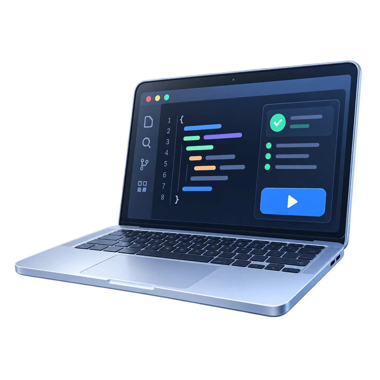 Laptop với trình soạn code và nút chạy