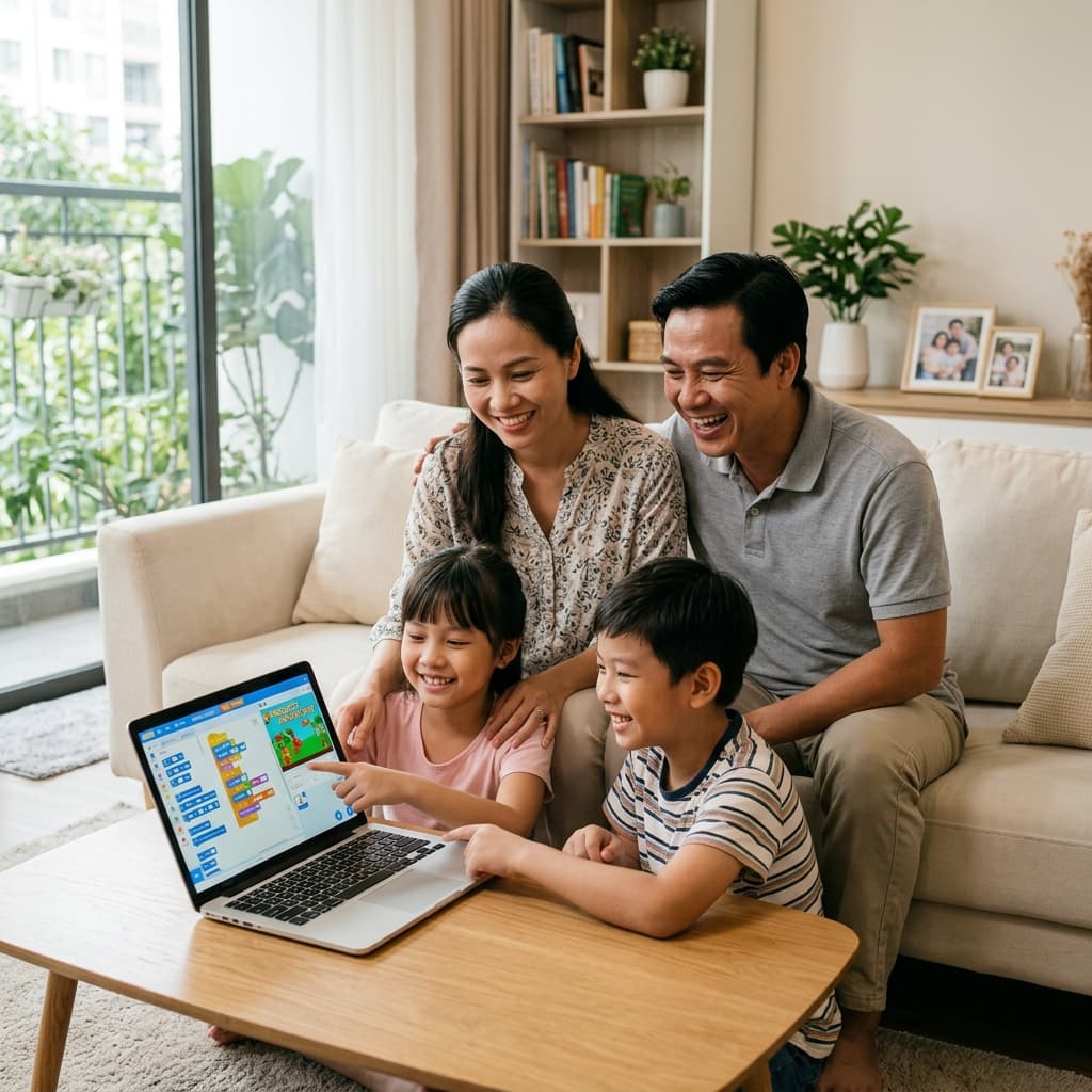 Ba mẹ tự hào xem con khoe dự án Scratch game